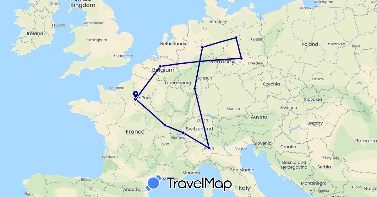 TravelMap itinerary: driving in Belgium, Switzerland, Germany, France, Italy (Europe)